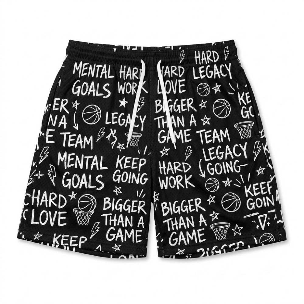 Black mesh basketball shorts with white hand-drawn motivational word print
