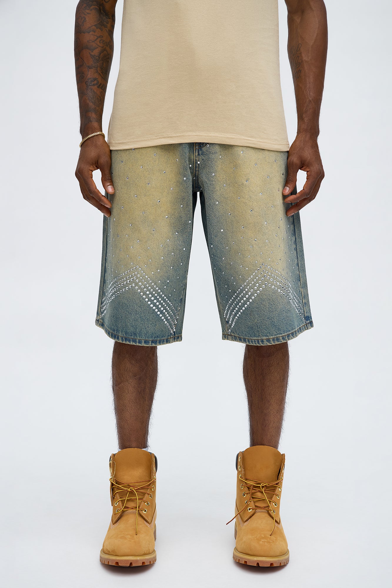 Baggy Notch Jeweled Denim Shorts Vintage Blue Wash Women's Regular Fit