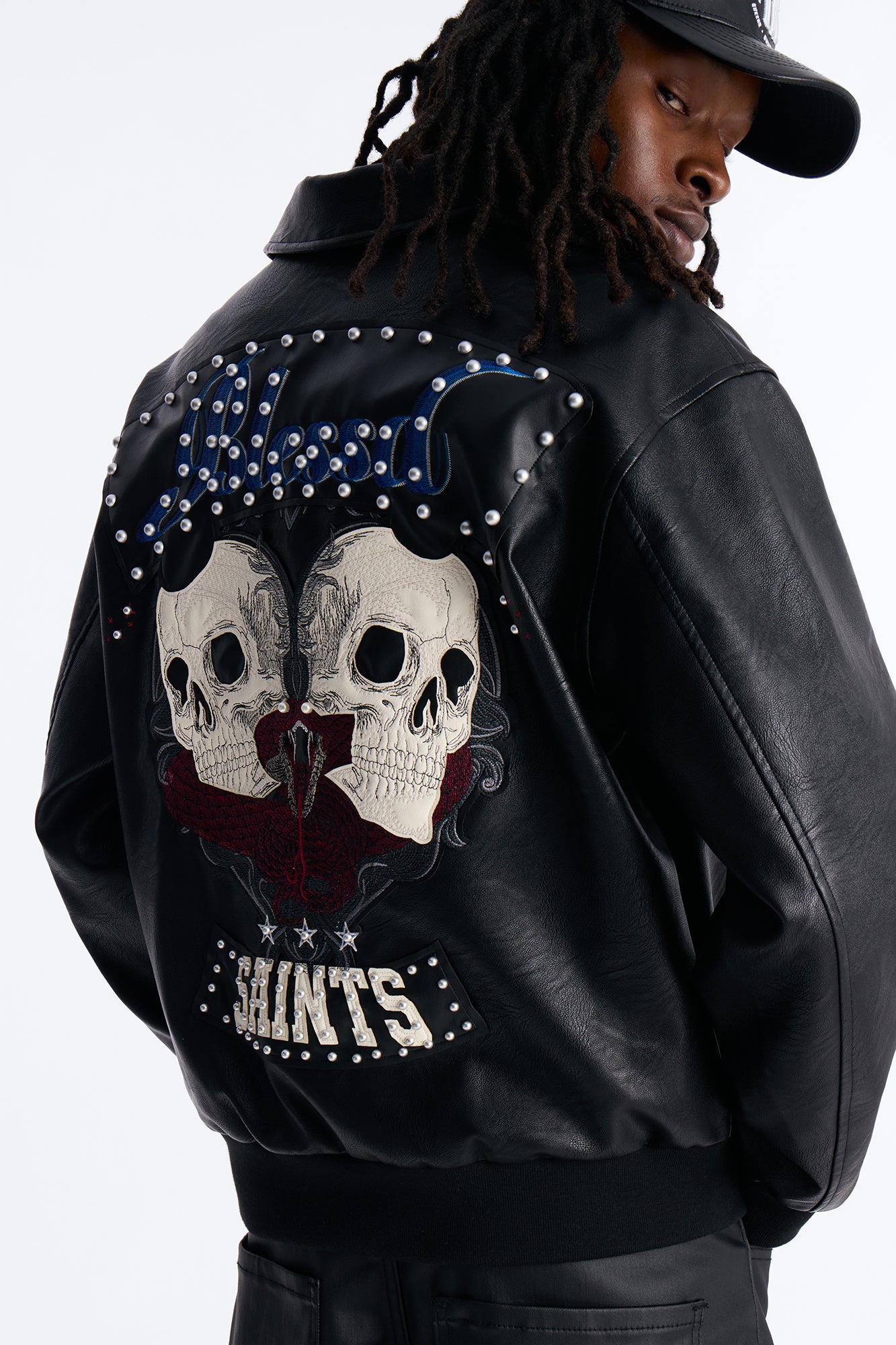Crimson Blessed Black Faux Leather Studded Bomber Jacket