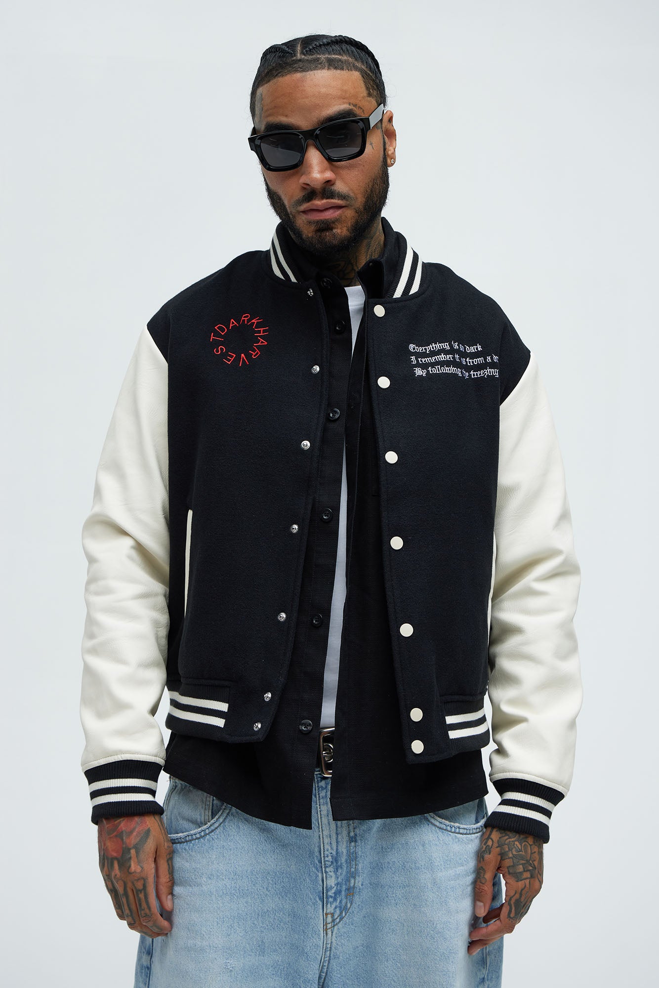 Dark Harvest Varsity Jacket - Black Cotton Blend Baseball Style with Ribbed Collar and Cuffs