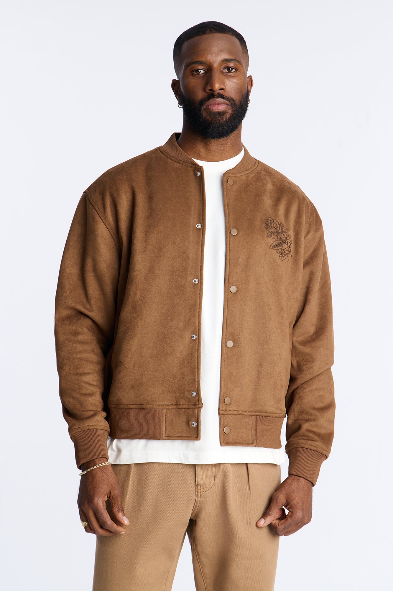 Faux Suede Embroidered Blossom Bomber Jacket Tan