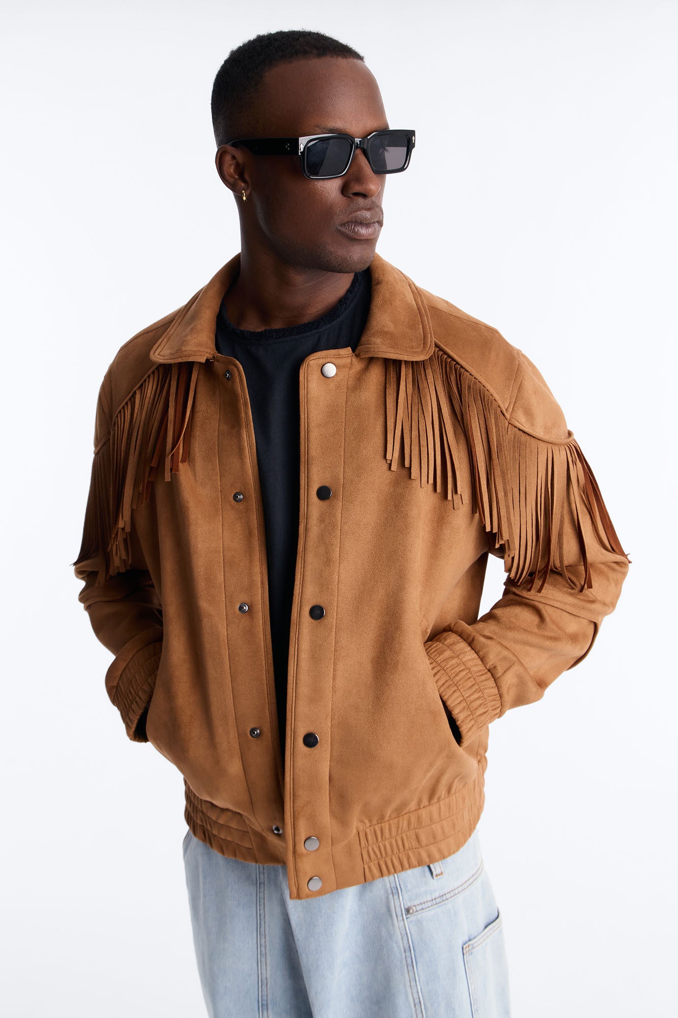 Fringed Festival Grounds Faux Suede Jacket in Camel