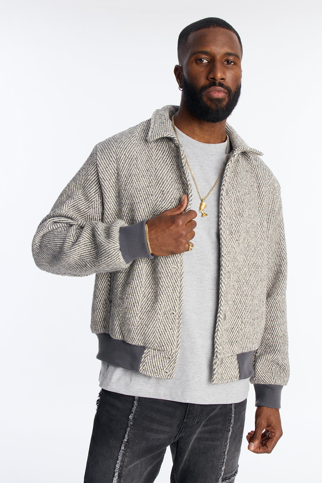 Gather Around Striped Bomber Jacket - Grey
