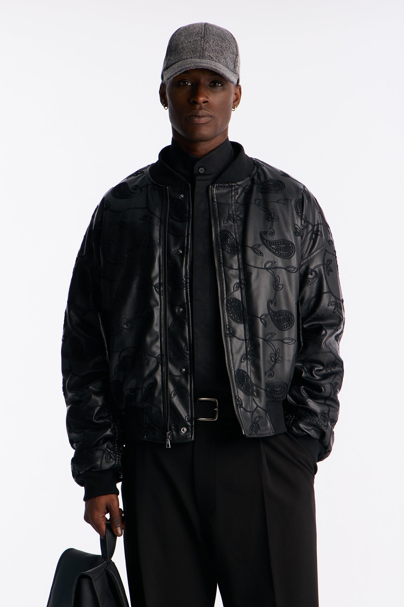 Oversized Black Faux Leather Paisley Embroidered Bomber Jacket