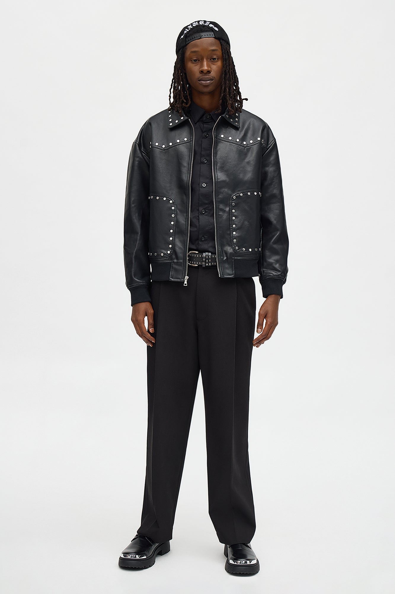 Relaxed Riff Studded Faux Leather Bomber Jacket Black