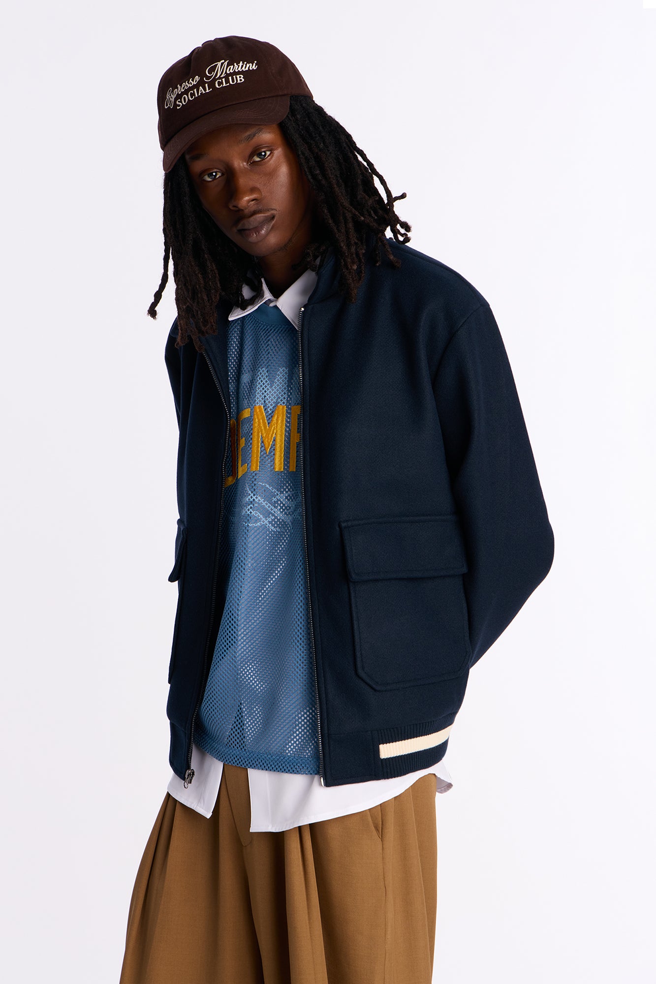 Retro Rib Wool Varsity Jacket - Navy, Classic Baseball Style with Ribbed Collar and Cuffs