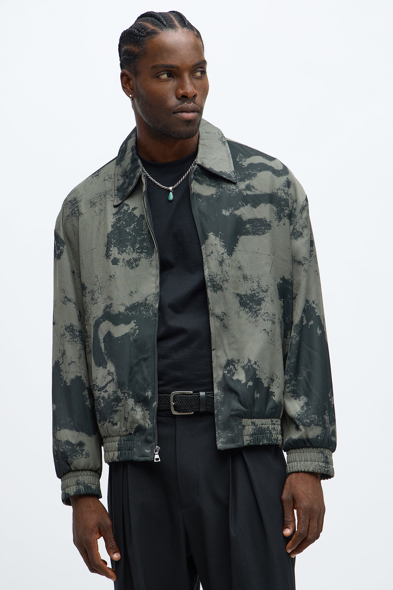 Urban Marble Printed Relaxed Bomber Jacket Olive Combo