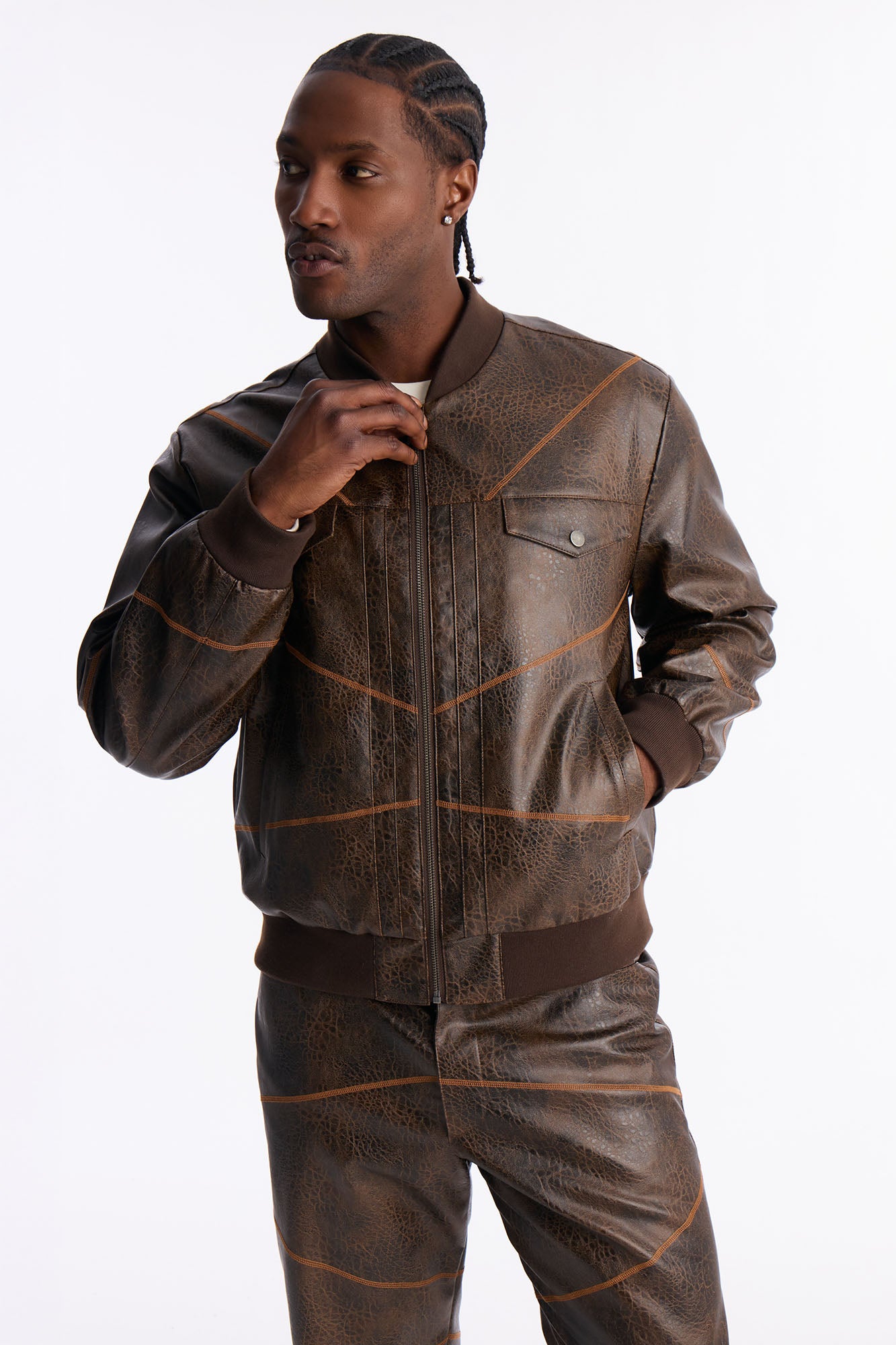 Vintage Chainstitch Faux Leather Bomber Jacket Brown