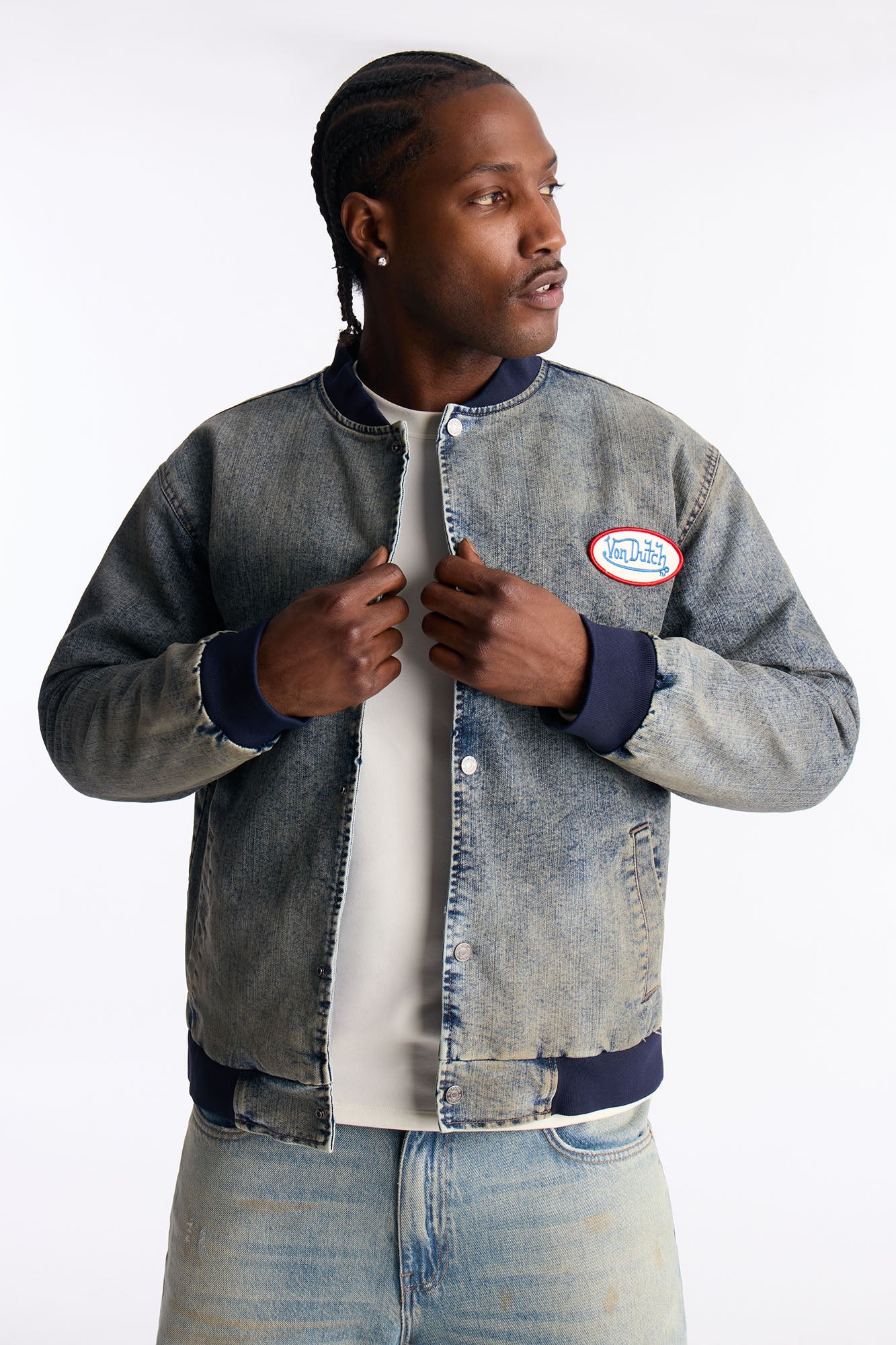 Von Dutch Denim Patch Bomber Jacket Vintage Blue Wash