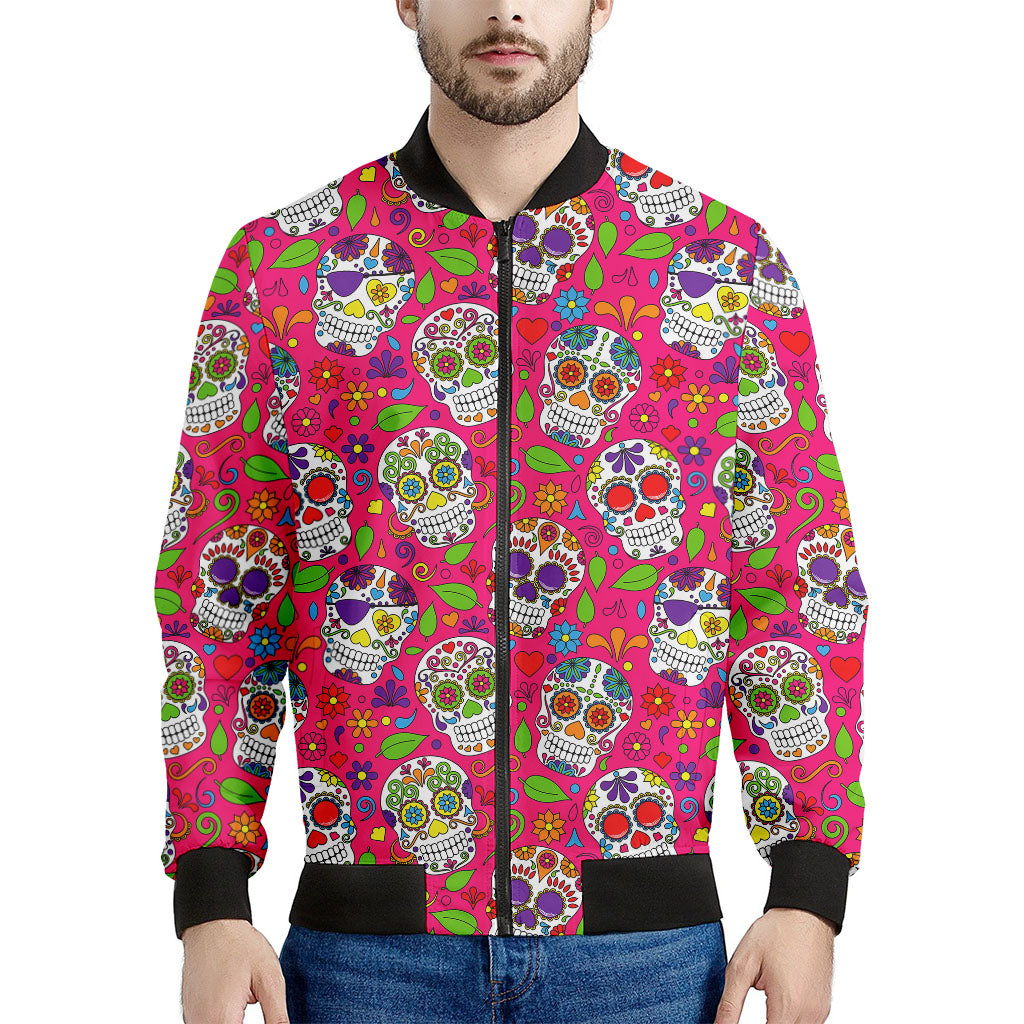 Pink Sugar Skull Pattern Print Men's Bomber Jacket