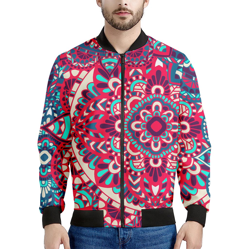 Pink Teal Bohemian Mandala Pattern Print Men's Bomber Jacket