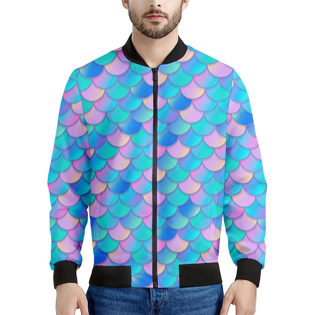 Pink Teal Mermaid Scales Pattern Print Men's Bomber Jacket