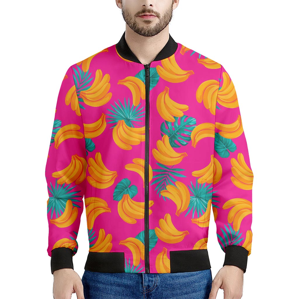 Pink Tropical Banana Pattern Print Men's Bomber Jacket