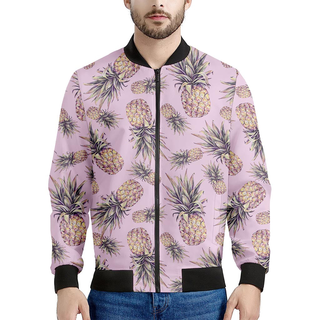 Pink Vintage Pineapple Pattern Print Men's Bomber Jacket